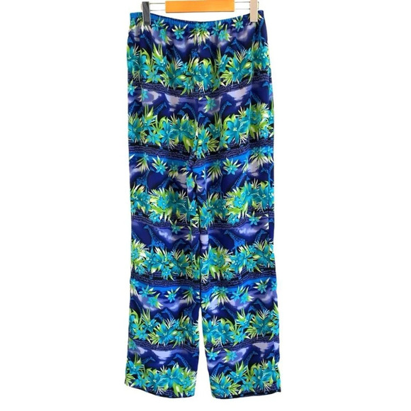 Vintage Tradition Pants Womens 12 Blue Green Floral Giraffes Patterned Flowy - Picture 1 of 8